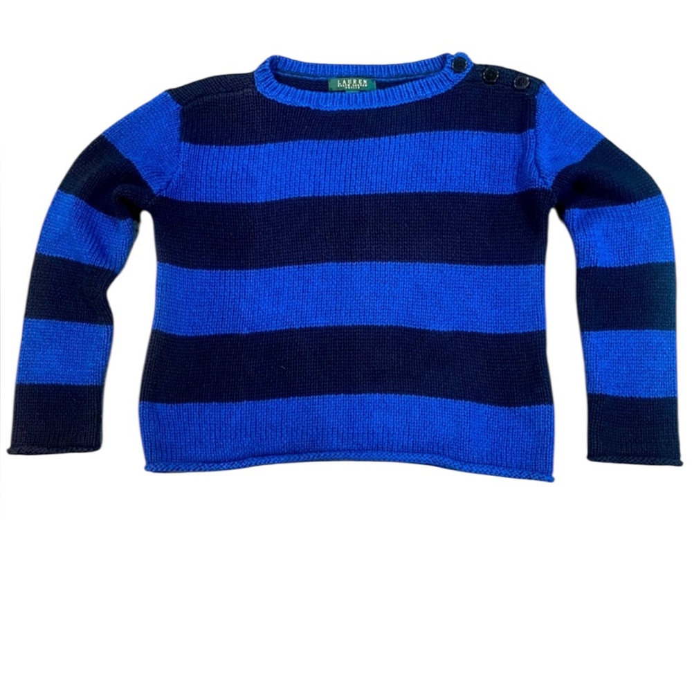 Lauren‎ Ralph Lauren Blue and Black Varsity Crewneck Sweater Petite Small